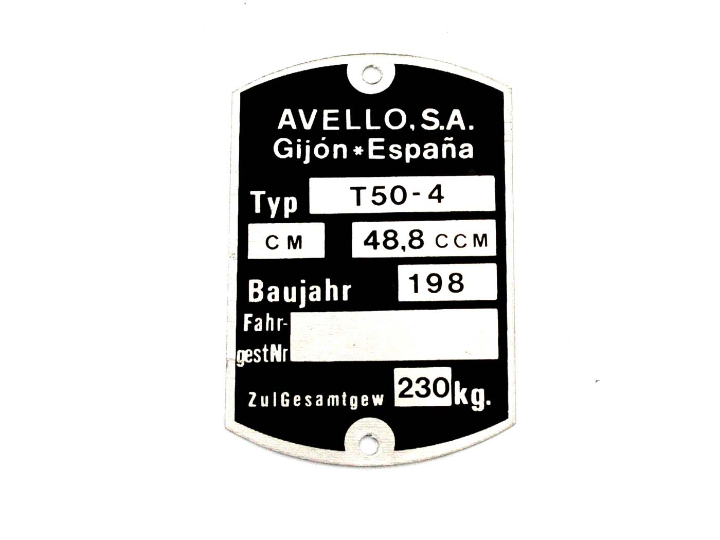 Avello T50 - 4 Frame Typenschild Original