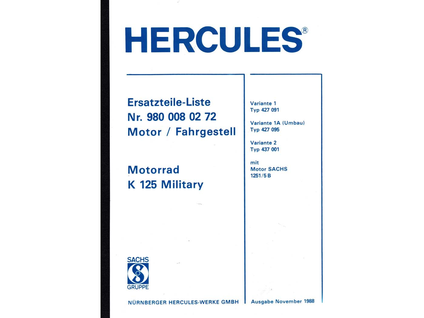 Teile Katalog 215 Seiten voor Hercules K 125 BW V1, V2